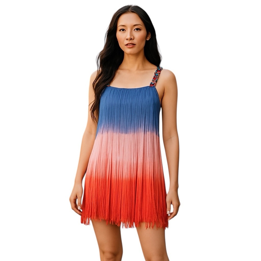 BOSTON PROPER FRINGE OMBRE PINK BLUE EMBELLISHED TANK LINED COTTON DRESS M